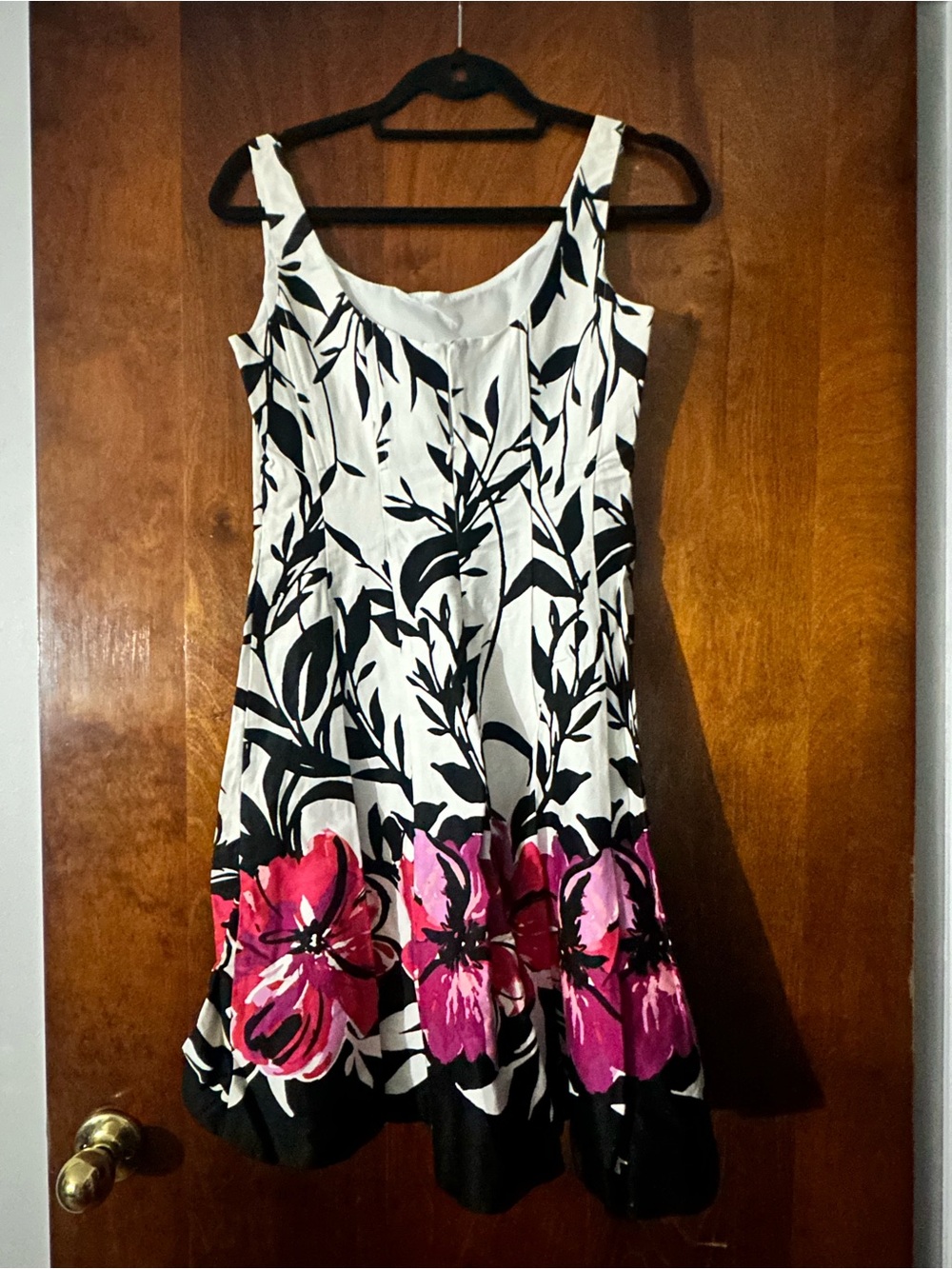 Jones Wear White Dress with Black Botanical Print and Pink Floral Border